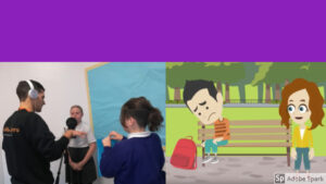 Two photos, one of young people recording a voiceover with mics and the second with a stll from the video they are voicing, a boy and a girl sat on a park bench.