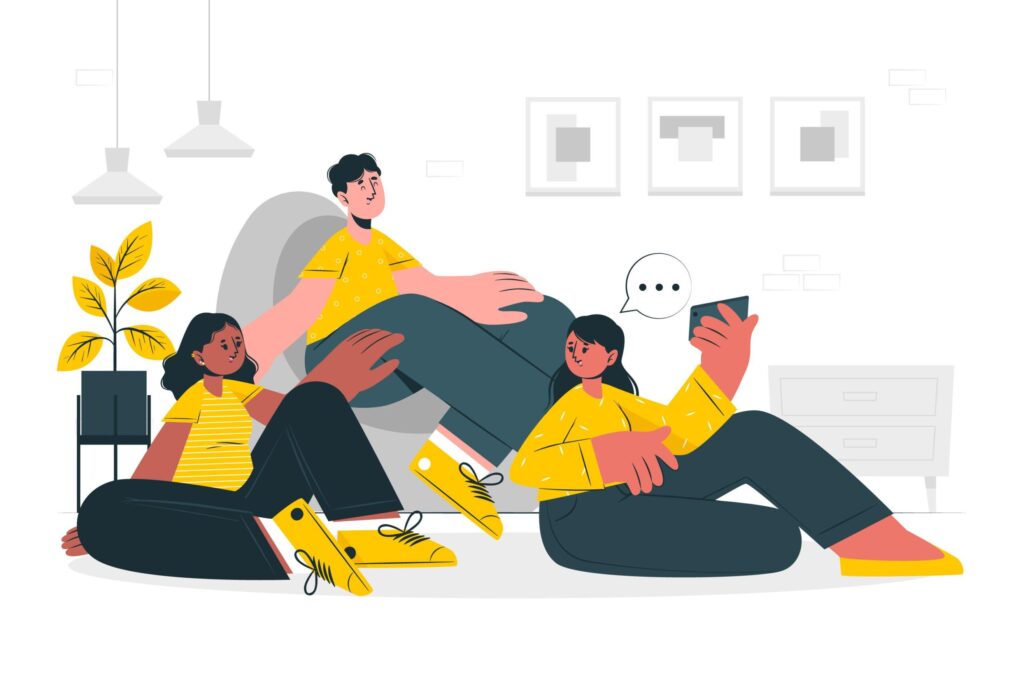 three people chilling, two on the floor one in a chair, chatting. Illustration.