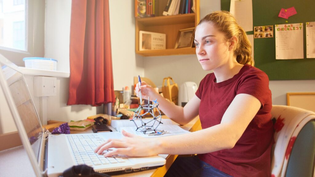 A person sits at a desk working on a laptop, holding a molecular model. The desk has various items including notebooks, and a bulletin board with papers and photos is in the background.
University life