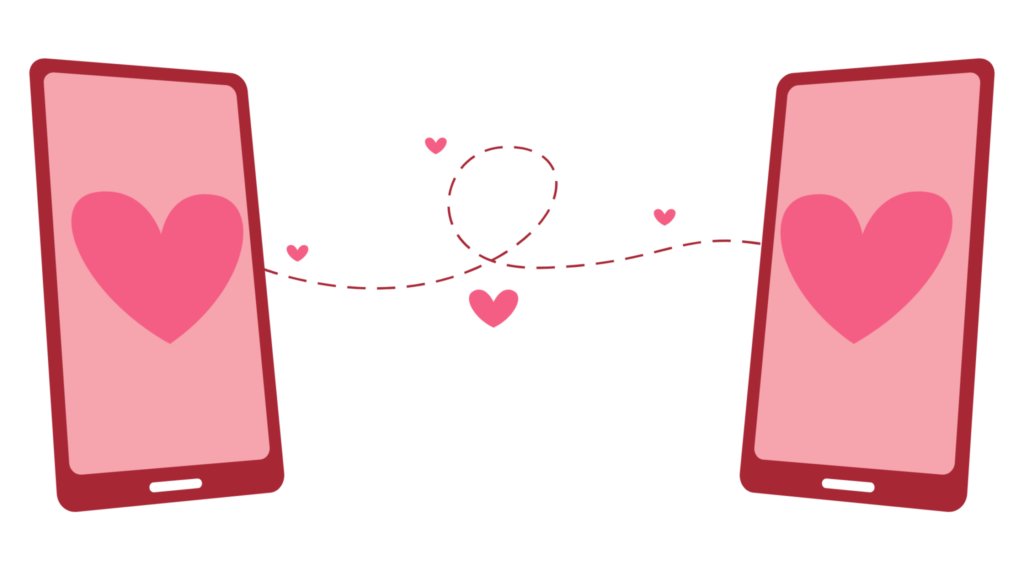 Illustration of two mobile phones attached by a love heart. to represent a distance between two people
