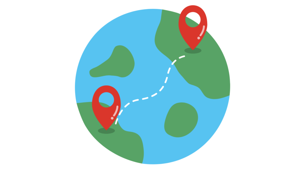 Illustration of a globe with two location markets, connected by a dotted line to represent a long distance