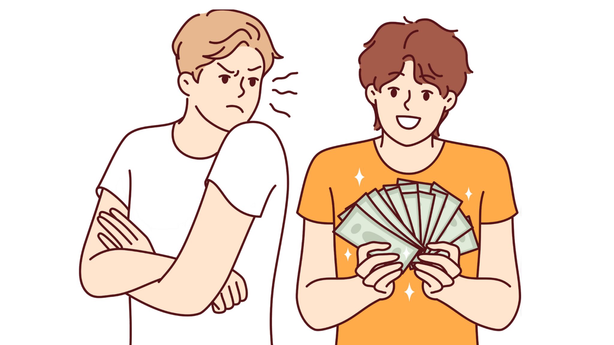 Two friends, one is holding paper notes