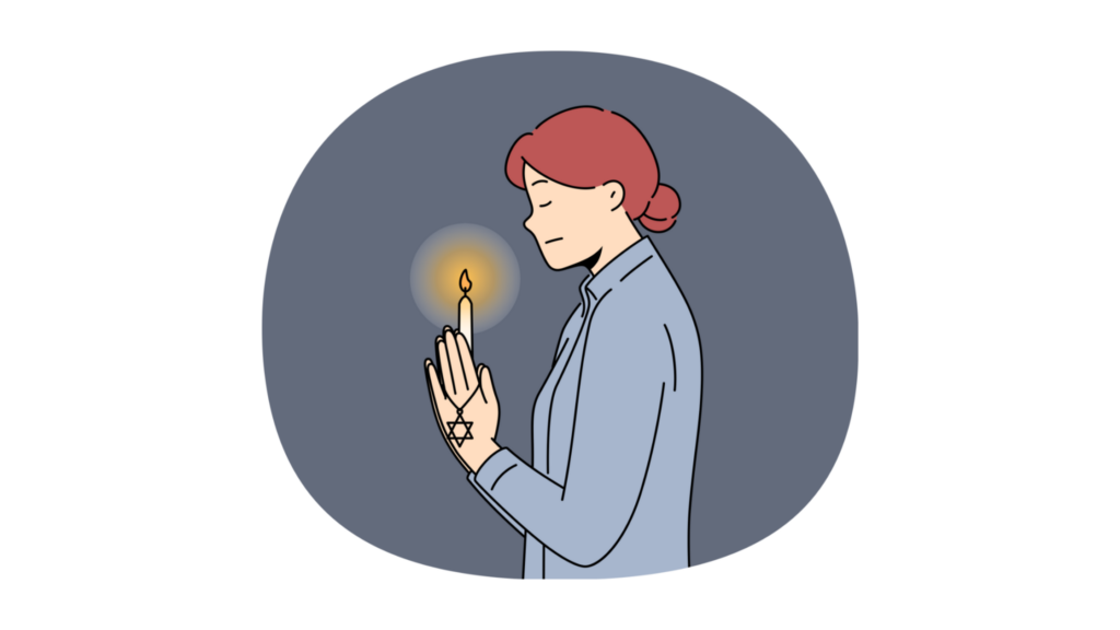 Person holding a handle and a Star of David necklace, praying