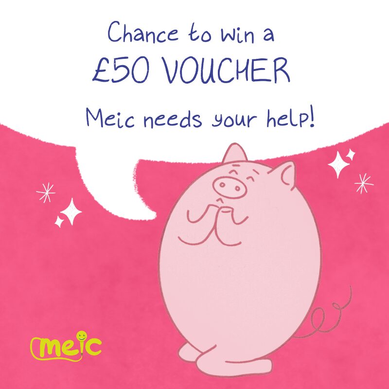 Picture of the Meic character with the words 'Chance to win a £50 voucher'