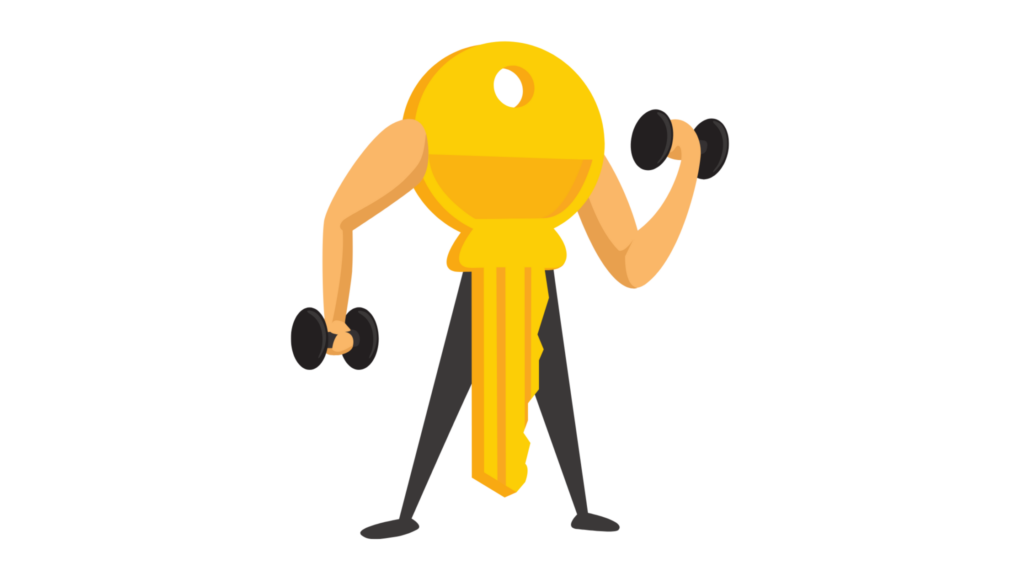 Graphic of a key holding weights, showing strength in security