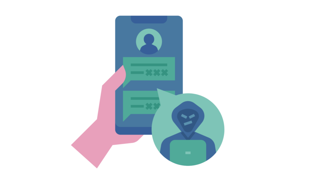 Graphic of a person holding a mobile phone and messaging someone they don't know