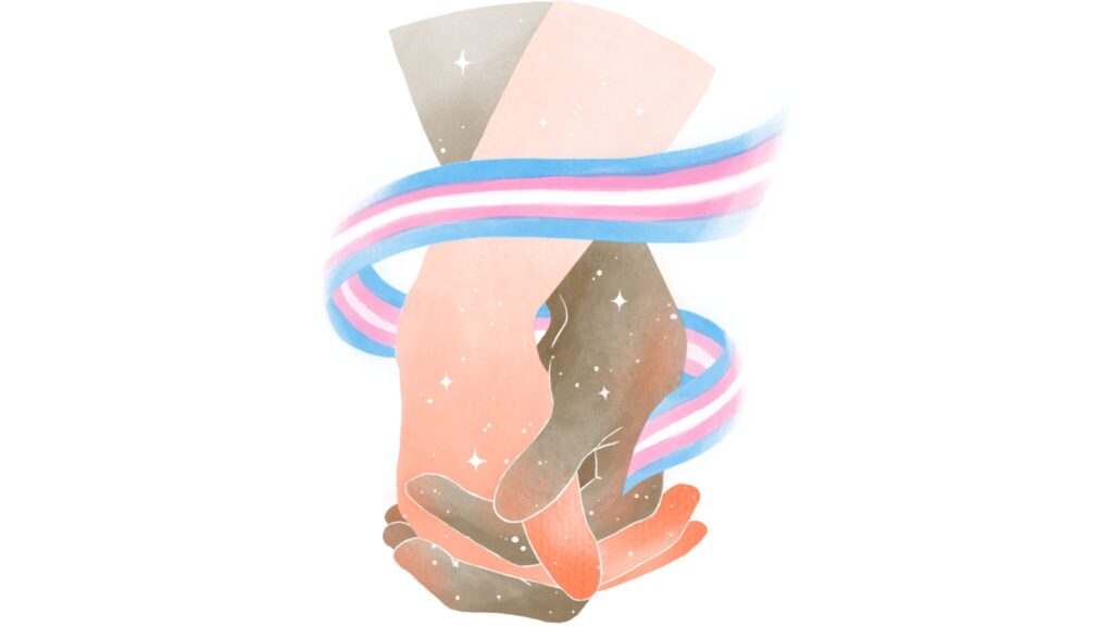 Two people holding hands, wrapped in a trans flag