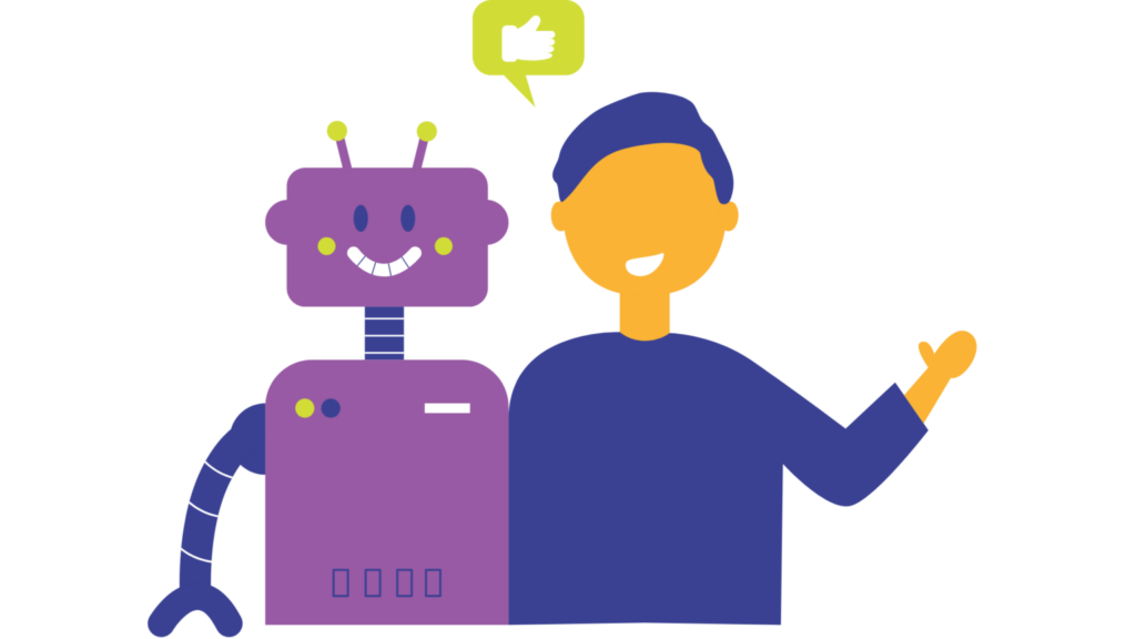 AI robot and a human hugging and smiling