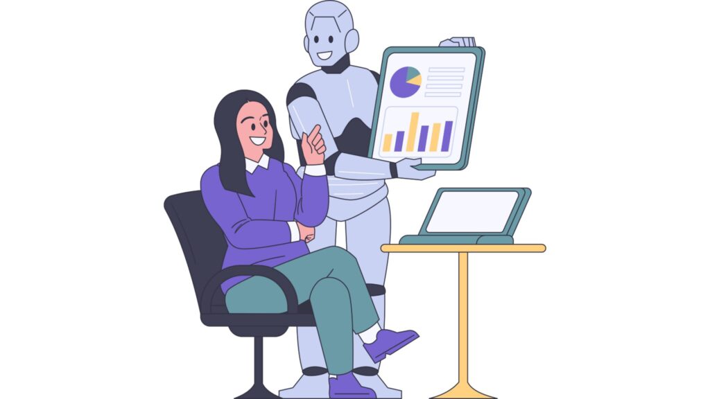 AI robot holding a tablet in front of a lady