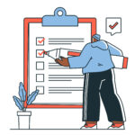 Illustration of figure in blue hoodie and black trousers holding a giant pencil and ticking a giant tick list.