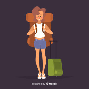 Cartoon image of girl with backpack on back and suitcase going travelling