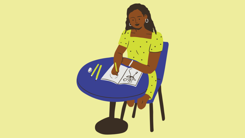 Illustration of a dark haired teenage girl drawing on a table. Her legs are amputated.