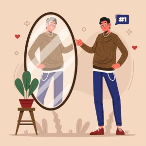 Illustration of man looking at himself and his body in the mirror positively
