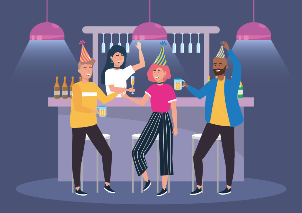 Cartoon image of four friends drinking alcohol at a bar