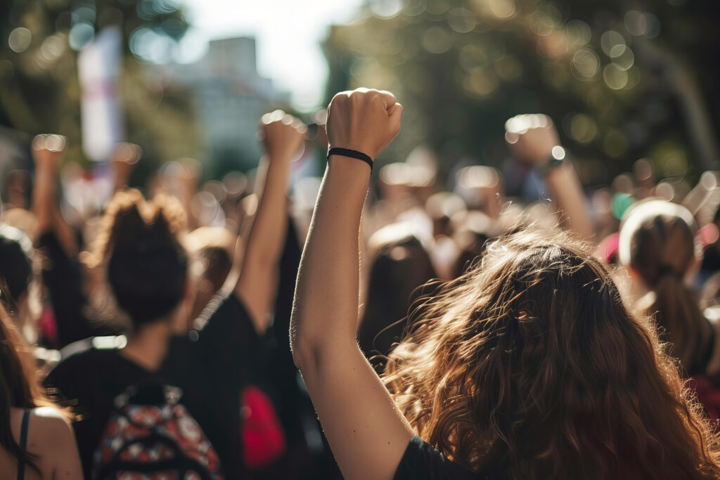 A crowd of people holding their fists up in protest