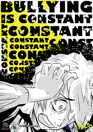 Anti bullying poster. Cartoon person with head in hands. Words say Bullying is constant