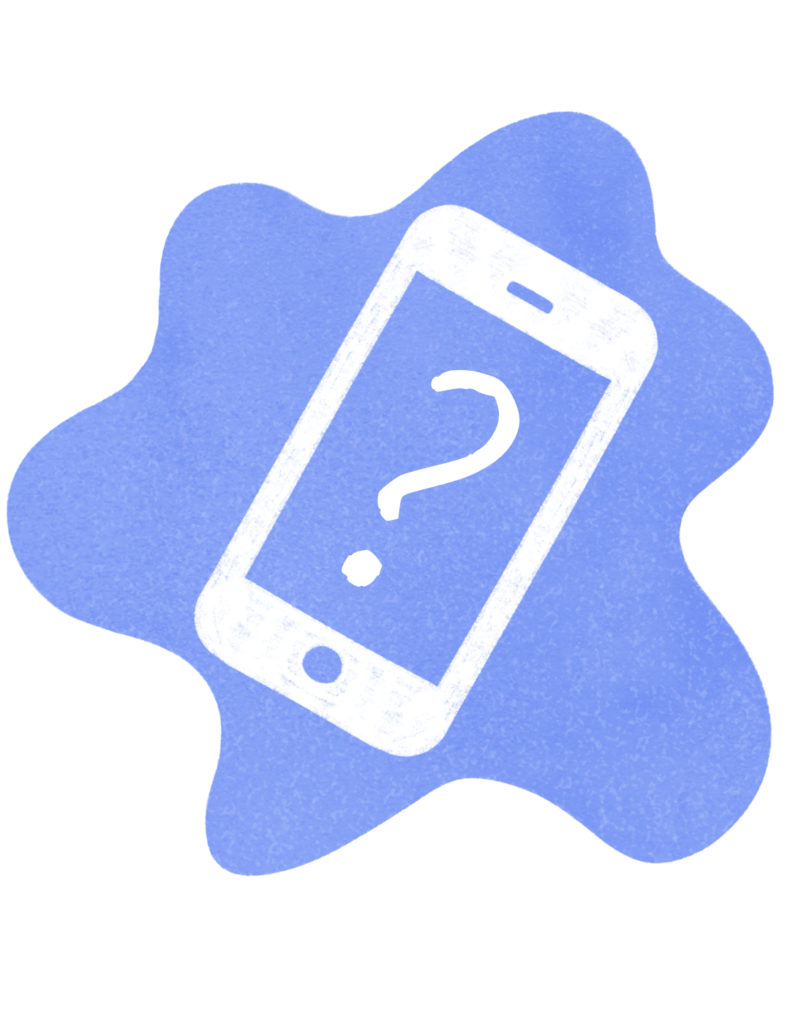 Blue cartoon paint splat with white mobile phone icon. The phone screen has a white question mark. 