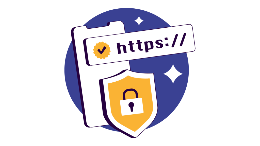 Graphic of a website URL with a padlock and https