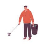 Person picking plastic litter with pliers tool. Janitor cleaning street from trash, garbage, collecting it in bucket. Eco volunteer, young man. Flat vector illustration isolated on white background.