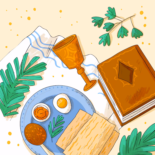 Picture showing different foods like matzah, hard boiled egg and red wine