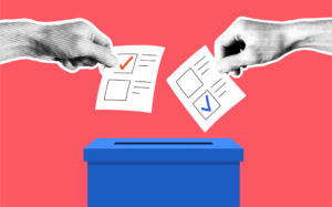 Two people putting their vote into a ballot box