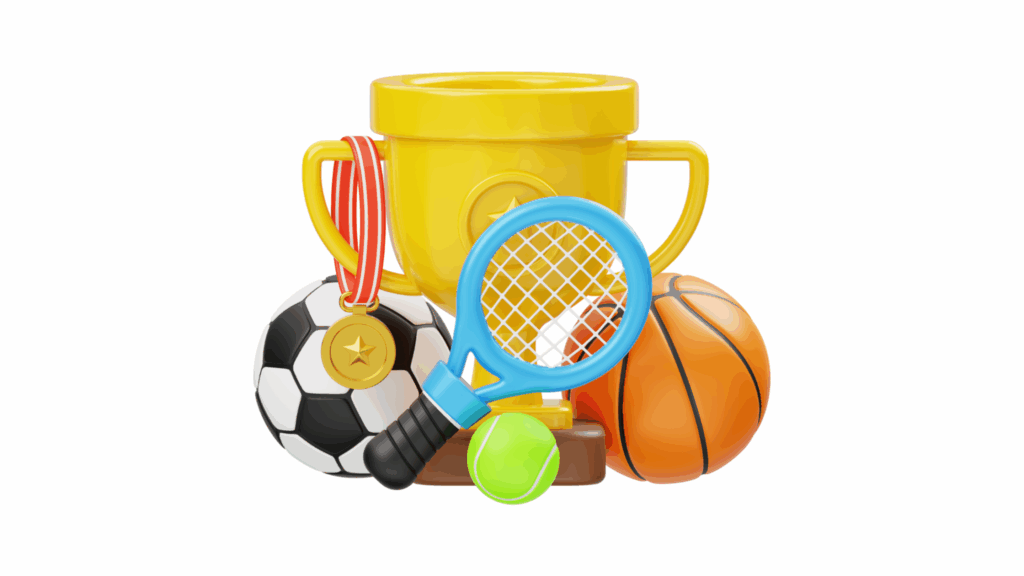 Sports equipment like football, tennis racket and ball, alongside a basketball. Behind them is a trophy and a medal