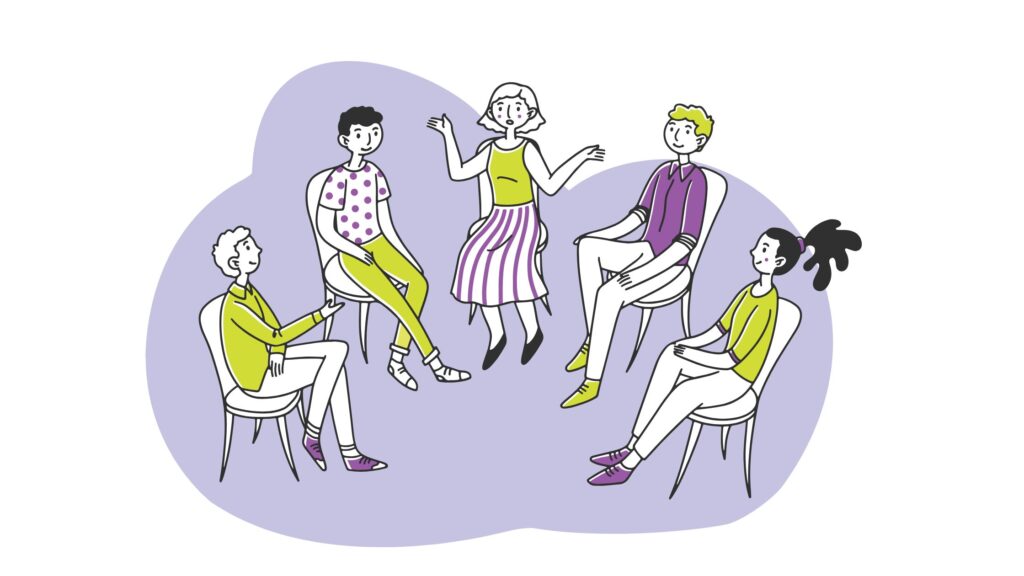 Group of people chatting in a circle