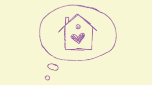 A drawing of a mind bubble with a house and a heart inside