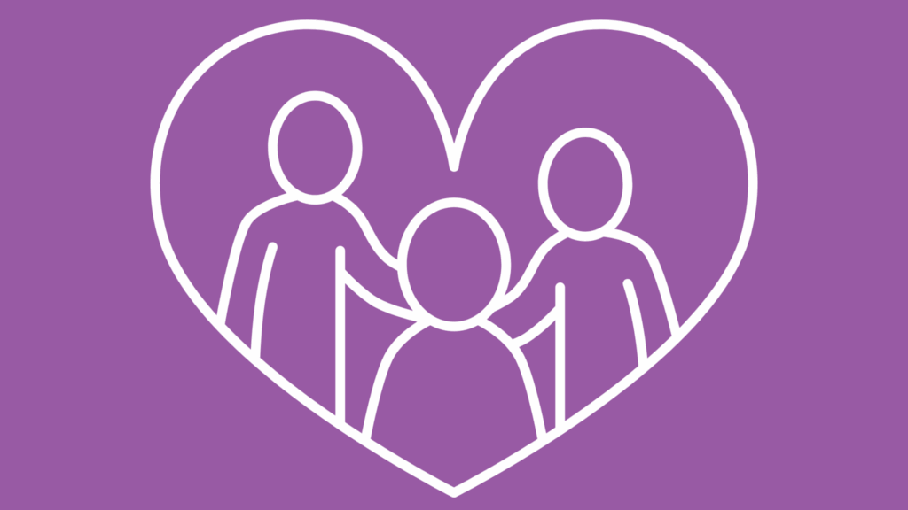 A heart with two adults and a young person inside