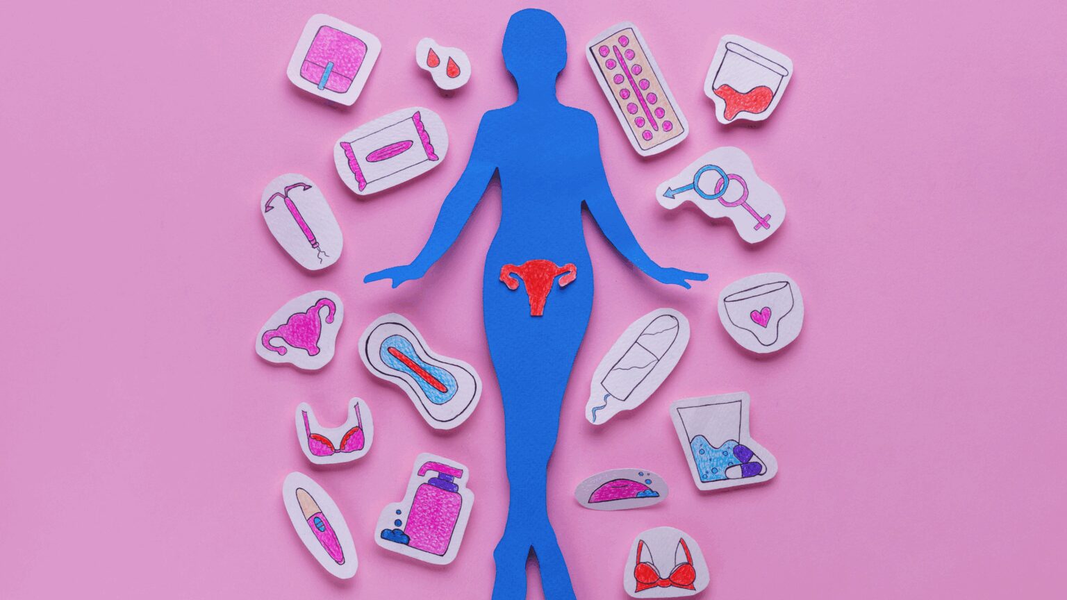 Paper cut out of a woman, surrounding by women's health products like period pants, water, pills, and a menstrual cip.