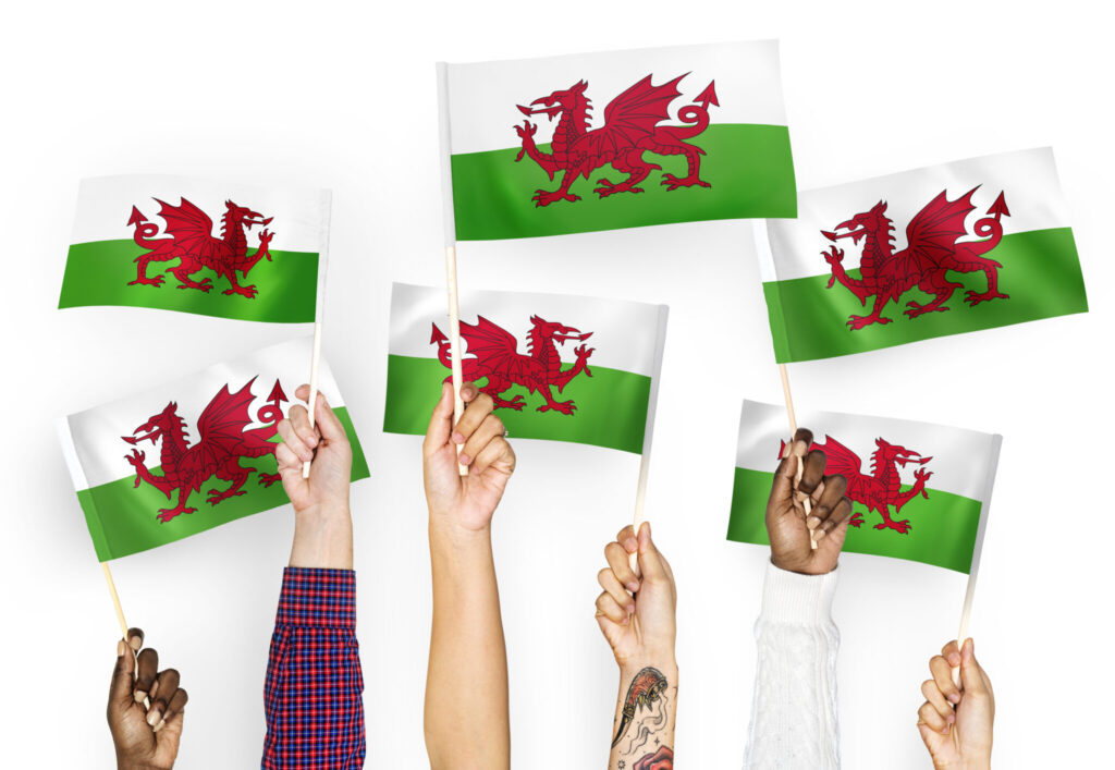 Hands waving small Welsh flags
