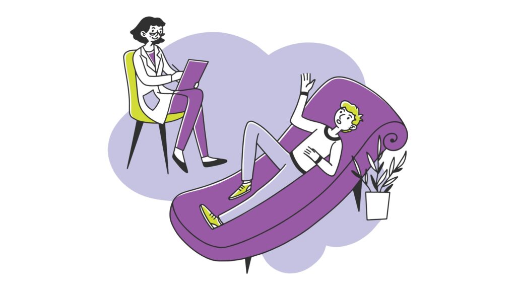 Boy laying down on a sofa talking to a doctor sat on a chair taking notes