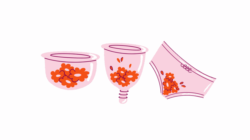 Illustration of pink pants and period cups with blood represented by red flowers