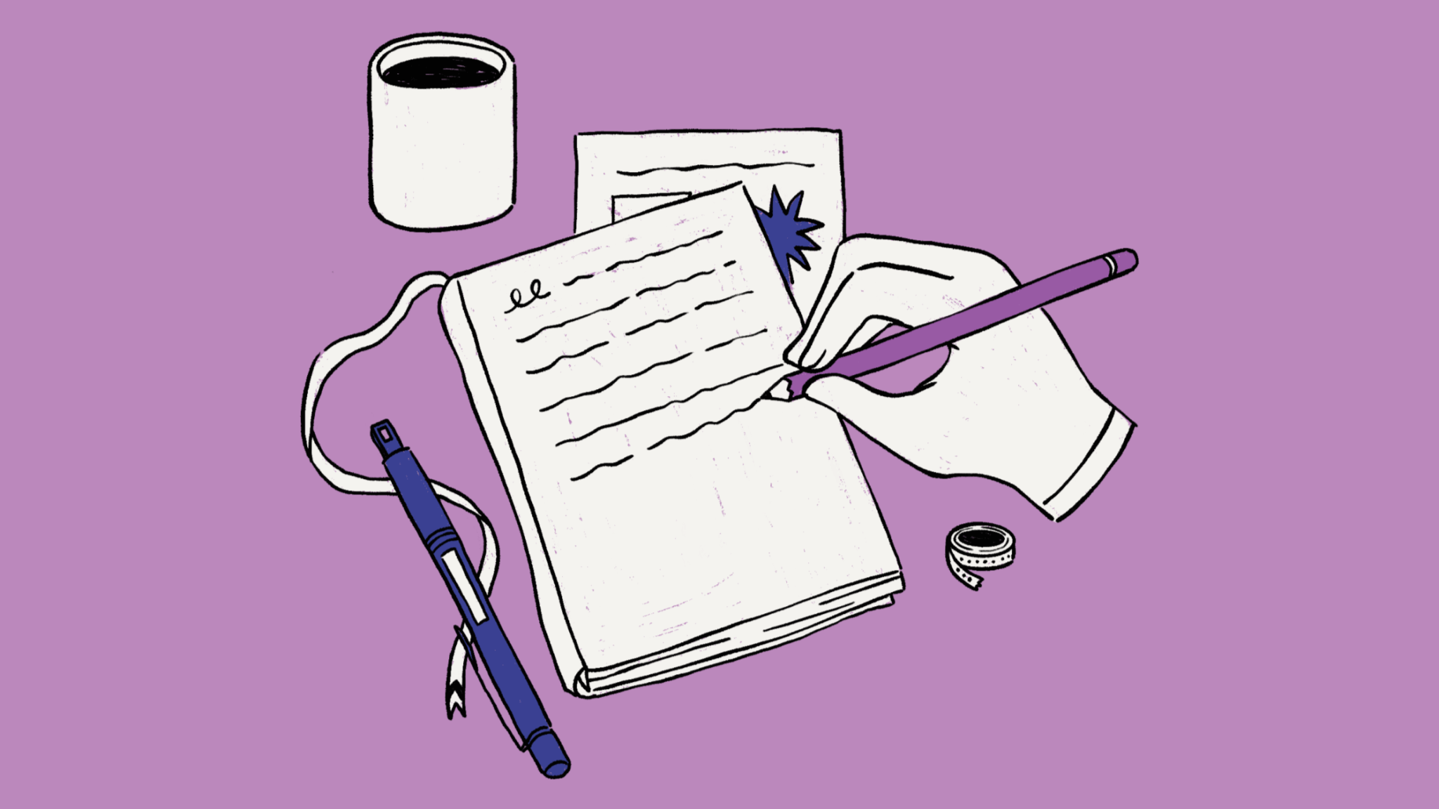 Person writing in a diary with a cup of tea next to them