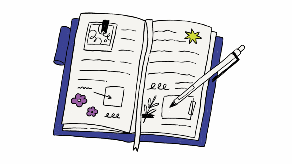 Diary open with writing, doodles and photos