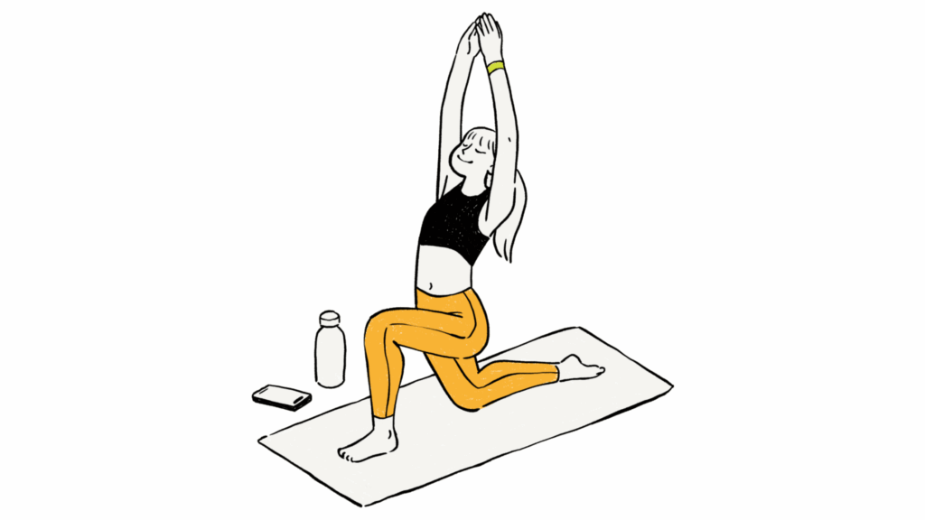Person doing yoga on a yoga mat. She is lunging with their arms stretched upwards